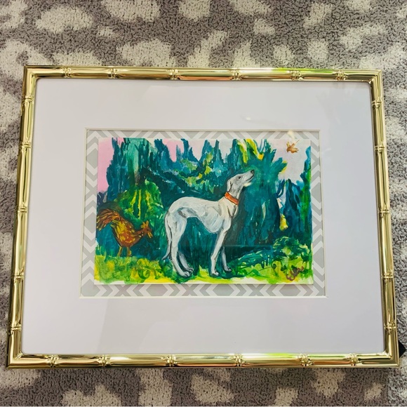 Painting Original Dog Bird Chicken Watercolor Gold Metal Bamboo Glass Frame